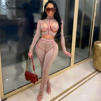 simenual hollow out sexy skinny 2 piece sets women long sleeve zipper crop top and pants striped bodycon co ord outfits fashion