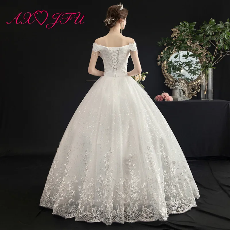 

AXJFU princess flower white lace bride wedding dress vintage boat neck beading crystal bride glaring white wedding dress