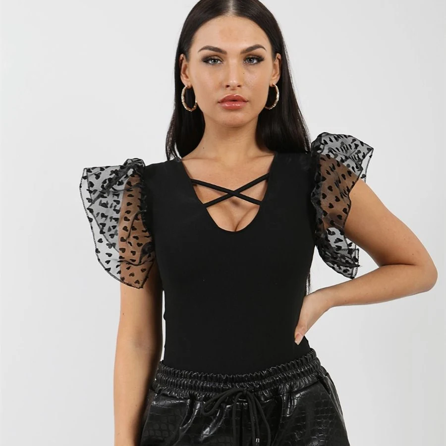 

Women Sexy Mesh Puff Sleeve Skinny Fit Bodysuit Office Lady Casual V Neck Short Sleeve Bodycon Stretchy Leotard Romper