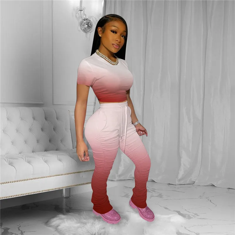 2020 Women Flare Pants Stacked Joggers Gradient Print Short Sleeve T-shirts Pleated High Waist Trousers Split Bell Bottoms 2PCS |