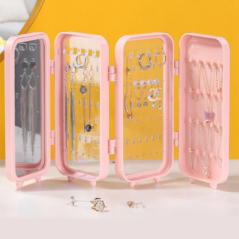 

Small Earring Holder Stand, 4 Tiers Earring Organizer Box Foldable, Dustproof Earring Storage with Mirror
