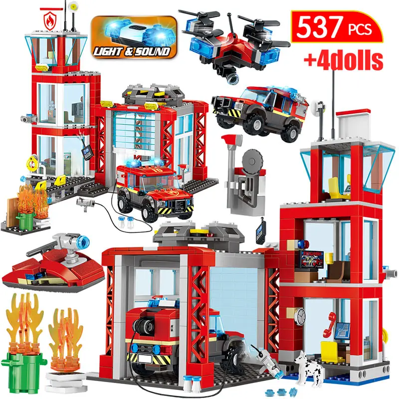 537pcs Fire Fighting Car Building Blocks Compatible City Department Helicopter Boat Figures Bricks Children Toys | Игрушки и хобби