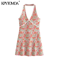 kpytomoa women 2021 chic fashion floral pattern knitted halter dress vintage backless with covered buttons female dresses mujer