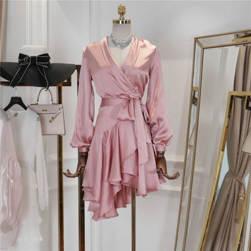 Женское мини платье с длинным рукавом повседневное однотонное оборками и