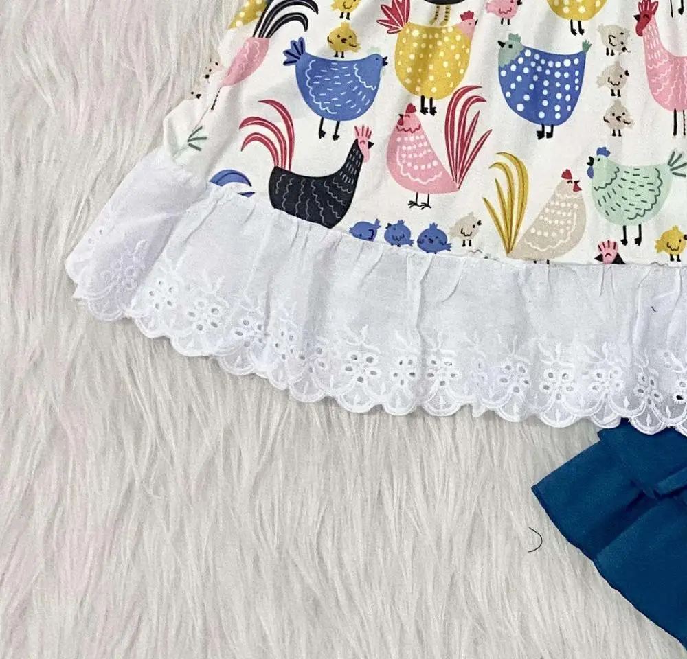 Hot summer lace rooster and hen farm style little girl top + three layer lotus leaf edge dark blue cotton pants boutique set | Мать и
