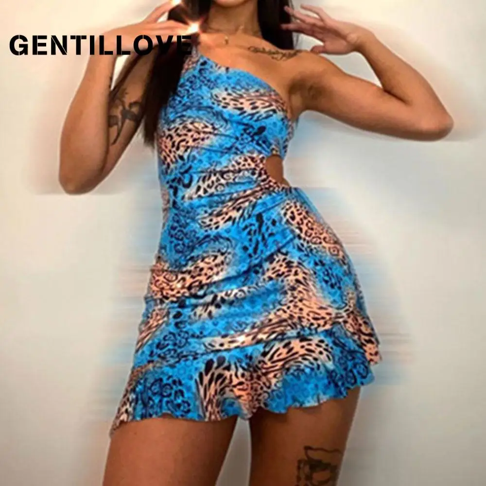 

Gentillove 2021 женское летнее ажурное платье Y2K с оборками для вечевечерние НКИ клуба наряд на одно плечо с принтом винтажное камуфляжное мини-пла...