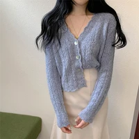 korean chic fashion gentle sweet petal v neck hollowed short knitted sweater 2020 autumn women versatile slim cardigan coat