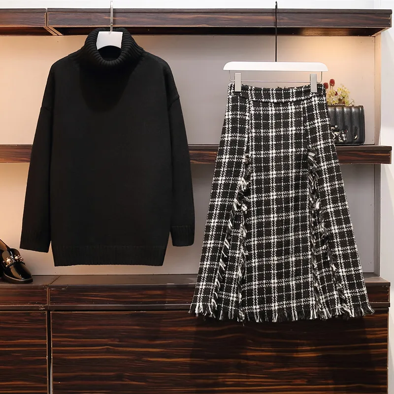 Женский пуловер размера плюс комплект из 2 предметов Осень зима черный плотный