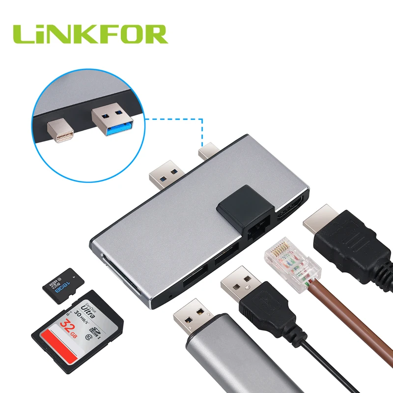 LiNKFOR USB 3 0 концентратор адаптер с 1000 м Ethernet LAN многопортовый 6 в 1 док станция 2 порта