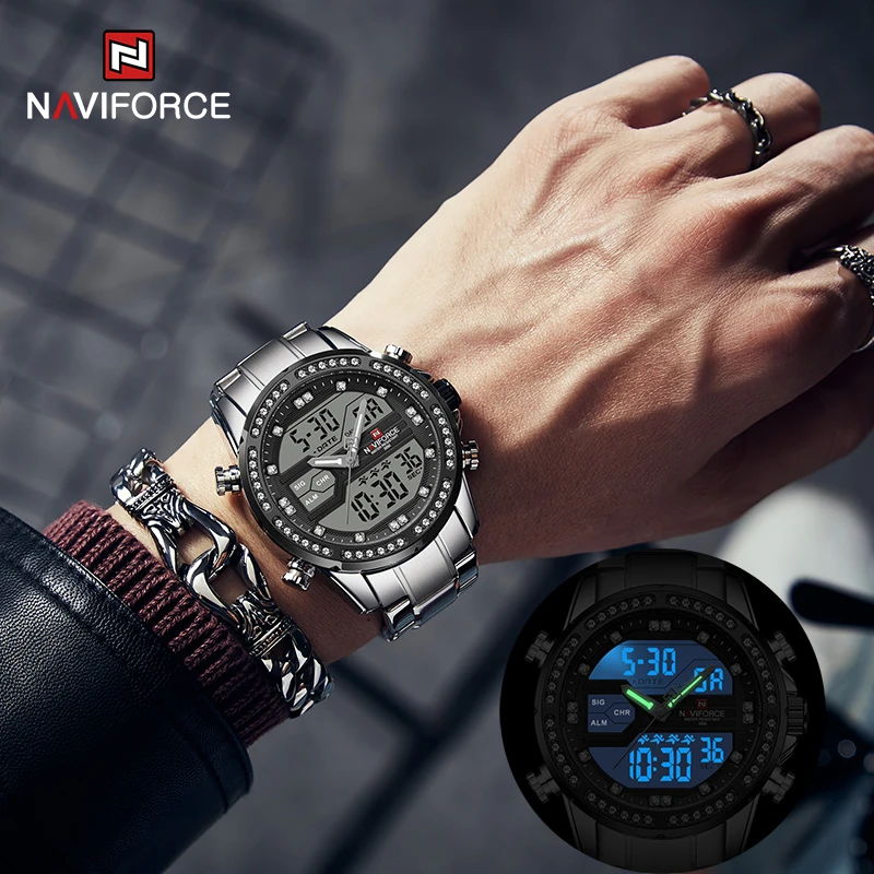 

NAVIFORCE Luxury Brand Diamond Watches for Men Digital Chronograph Male WristWatch Stainless Steel Sport Waterproof Quartz Clock