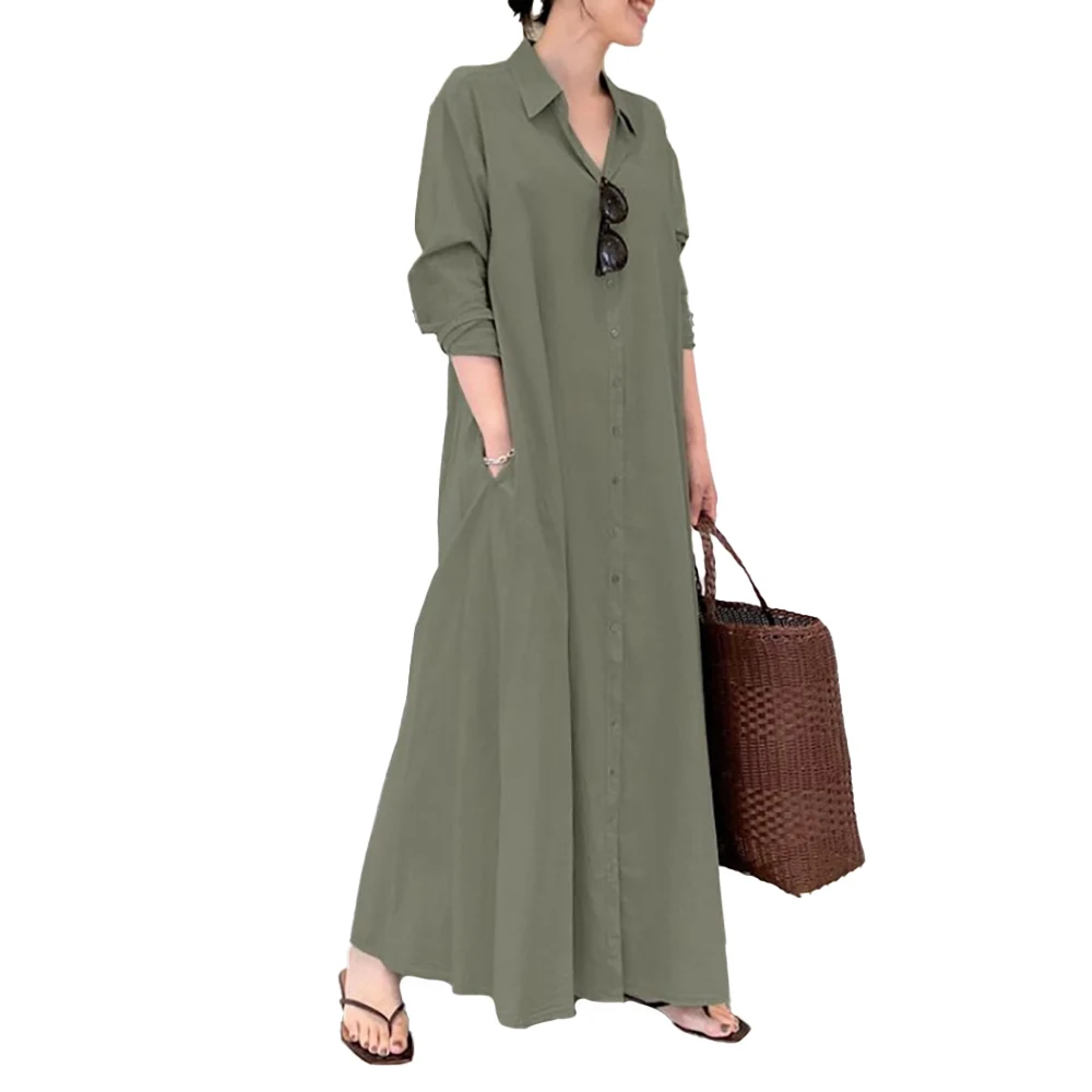 

2022 New Vintage Women Pocket Shirt Dress Autumn Turn Down Neck Long Sleeve Straight Dresses Female Button Loose Dress Vestidos