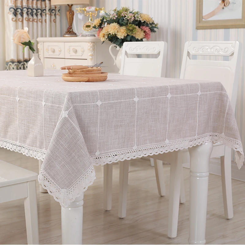 

Plaid Tablecloth Cotton and Linen Rectangle European with Lace Dining Table Cover Round Square Table Cloth for Household Use