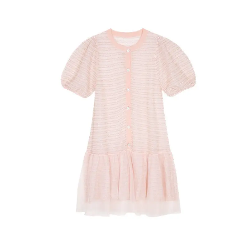 

XITAO Knitting Splicing Mesh Dress Summer New Fashion Puff Sleeve O-neck Collar Loose Single Breasted Decoration Women CLL1372