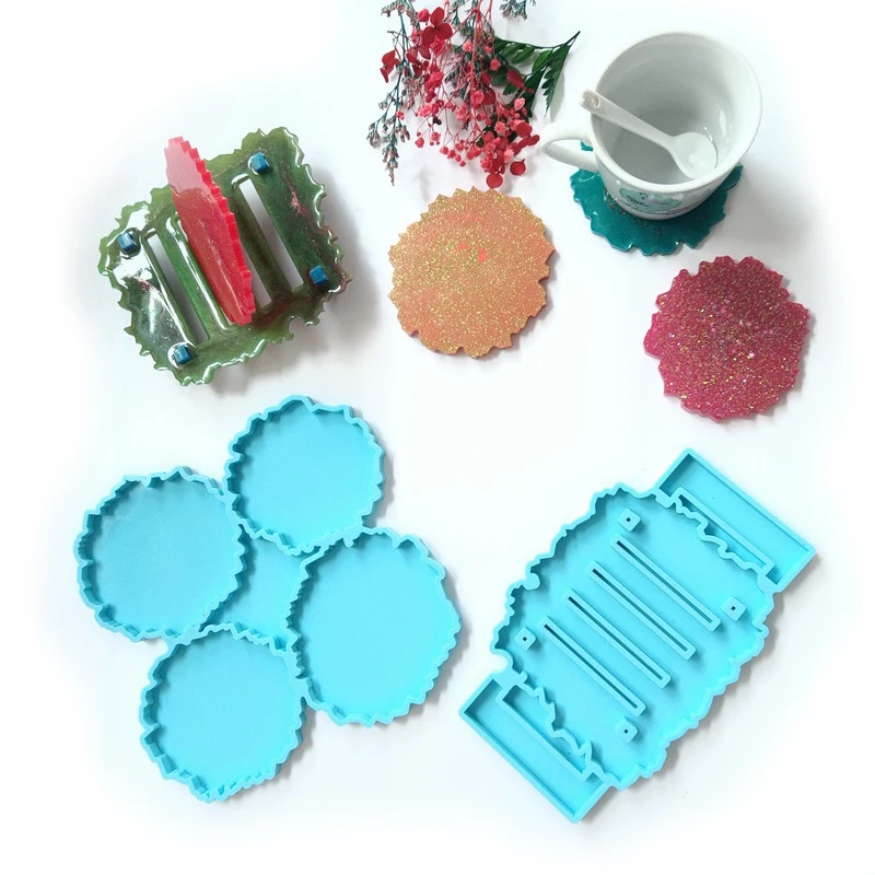 Posavasos de forma irregular, Juego de 4 moldes de resina con soporte, molde de silicona, resina epoxi DIY-0