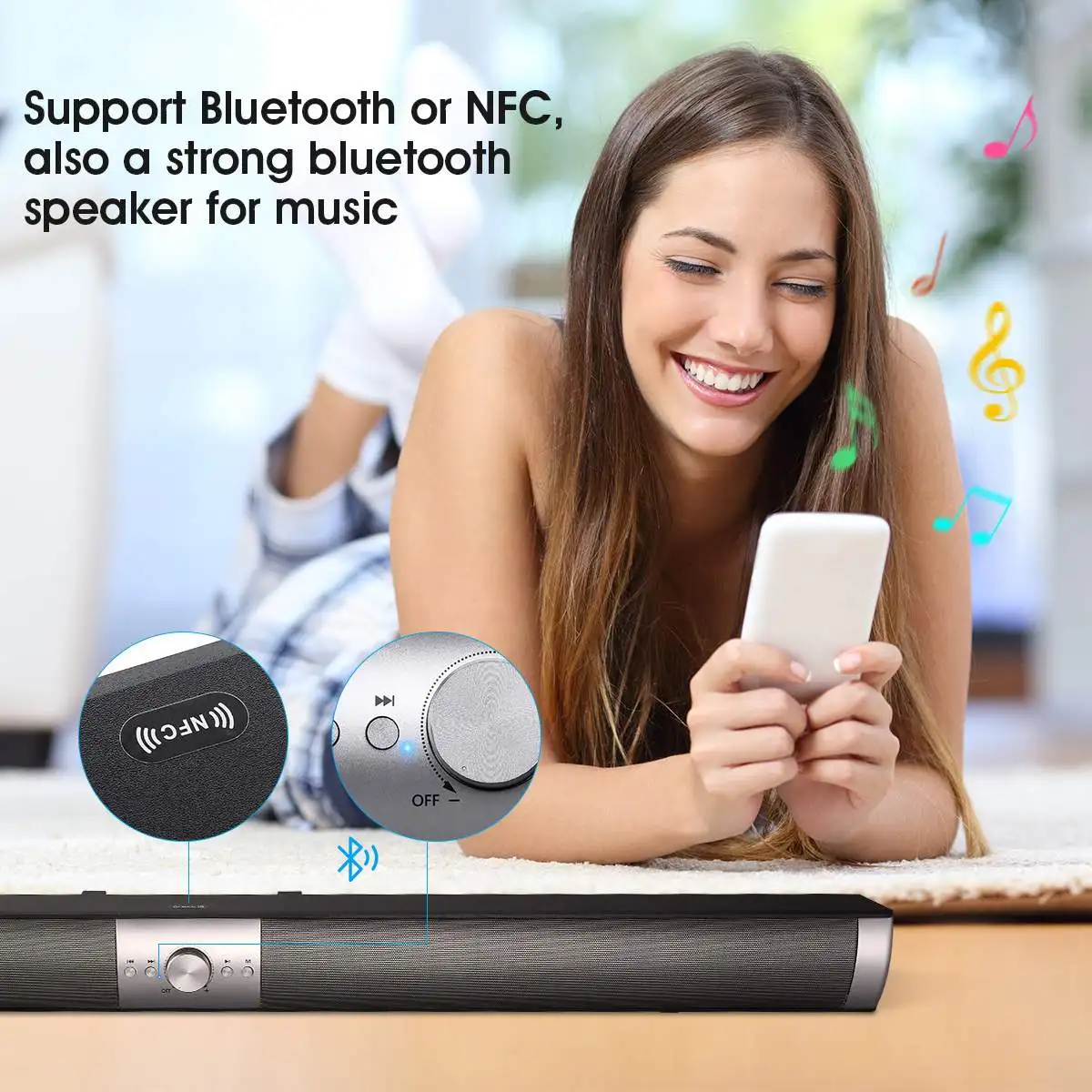 Портативный 40 Вт Беспроводной Bluetooth Колонка HiFi стереозвуковая панель дистанционного Управление NFC на стене сабвуфер для ТВ ПК DV