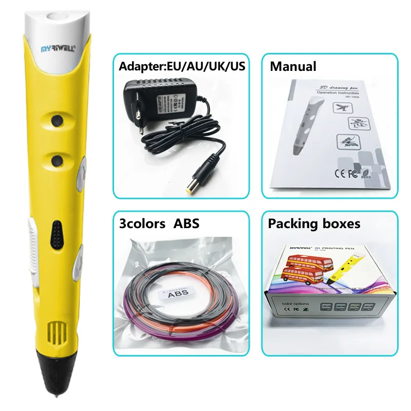 Yellow pen Myriwell 3d Ручка 3d ручки, 1,75 мм ABS/PLA нити, 3 d pen3d модель, Creative3d ручка для печати, лучший подарок для детей DIY креативный, pen-3d - Цвет: Yellow pen