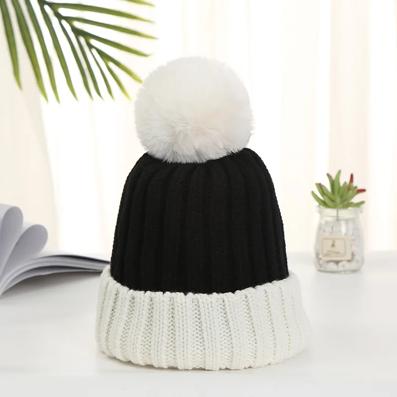 

Ladies Patchwork Knitted Fur Pom Ball Beanies Winter Thicken Warm Removable Pompom Skullies Ski Snow Cap Hat Streetwear Bonnet