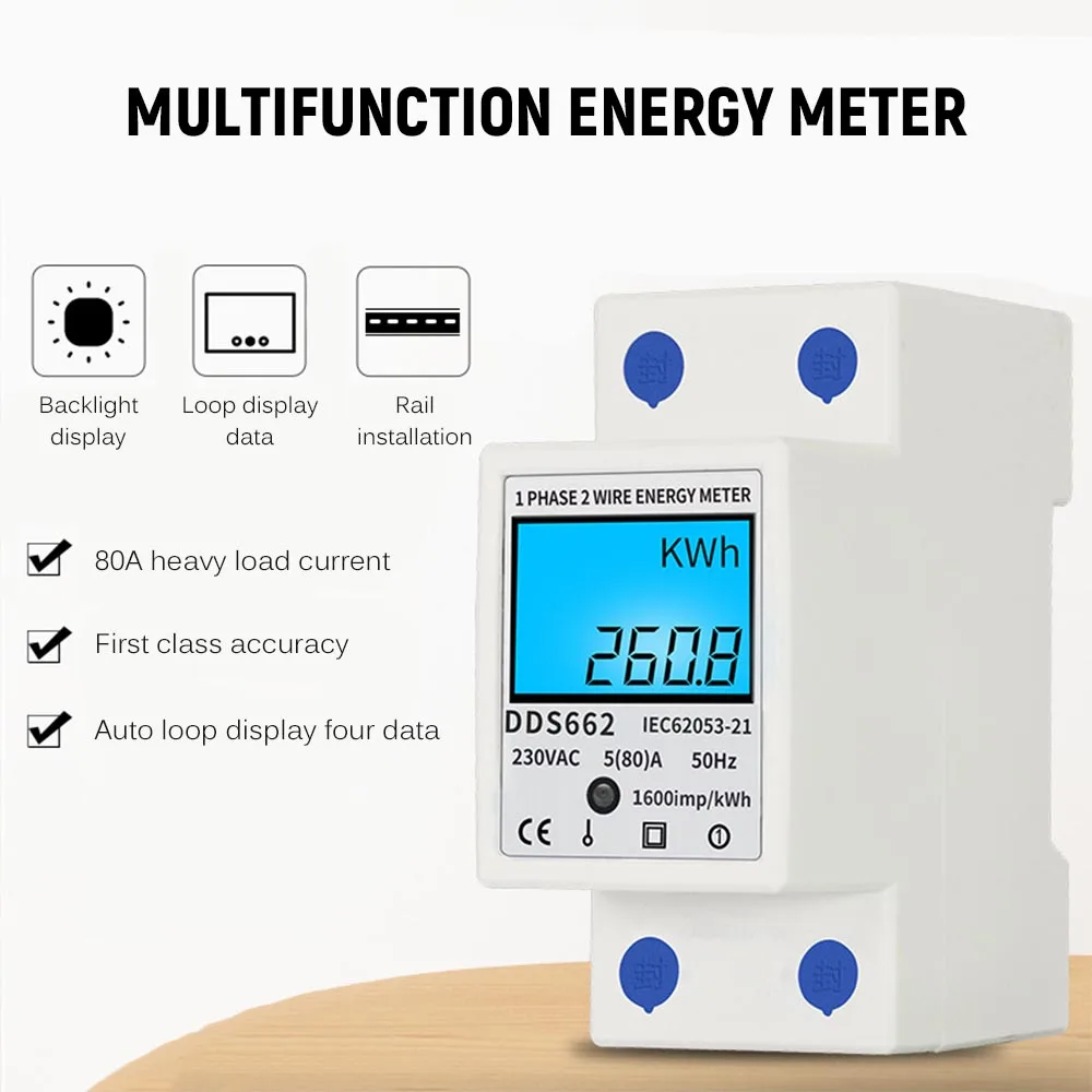 

Digital Electric Energy Meter Single Phase DIN Rail Multifunctional Electronic Energy Meter One Phase Two Wire Electrical Meter