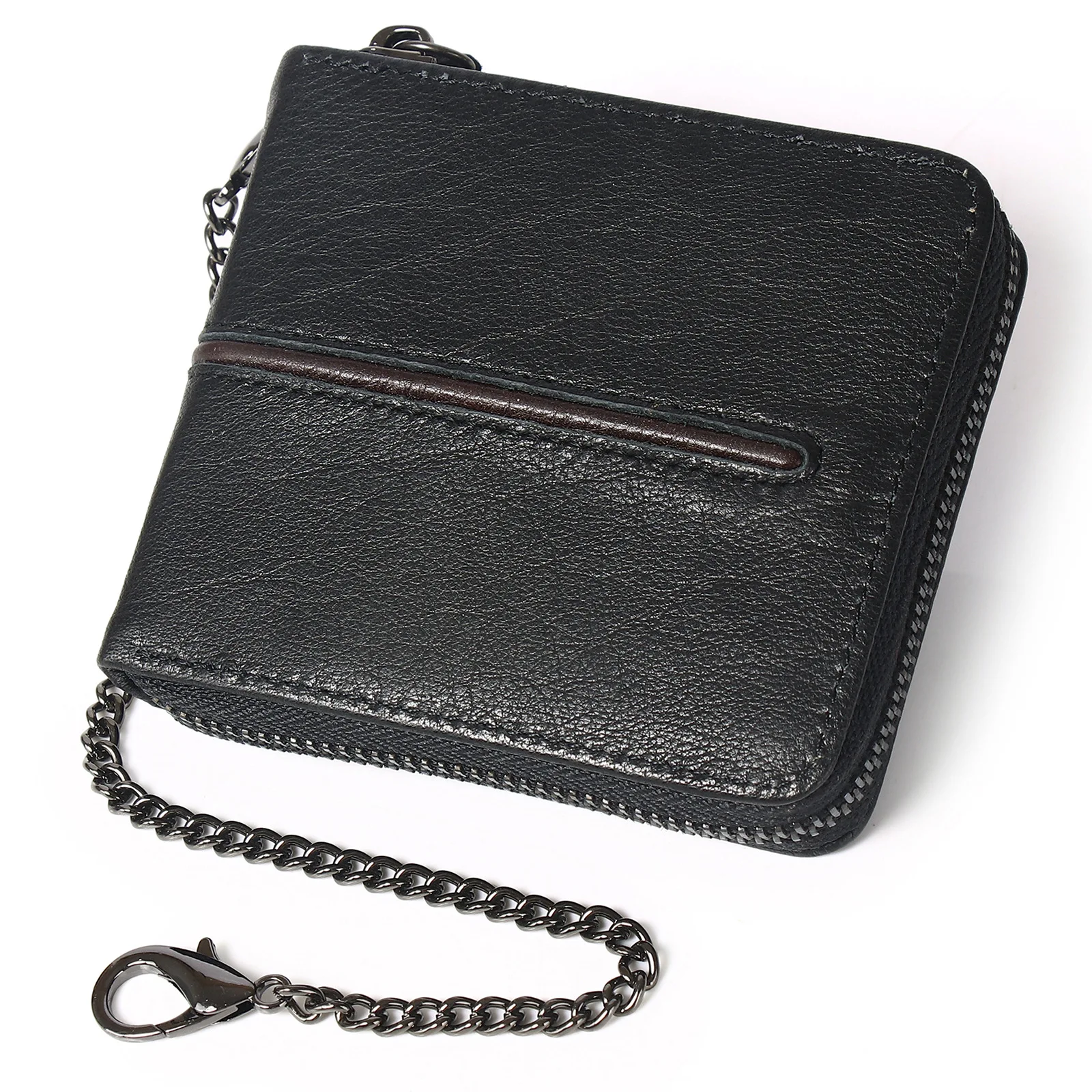 

New Men's Zipper Genuine Leather Wallets RFID Blocking Man Coin Purse Card Holder Money Bag Wallet Chain Men