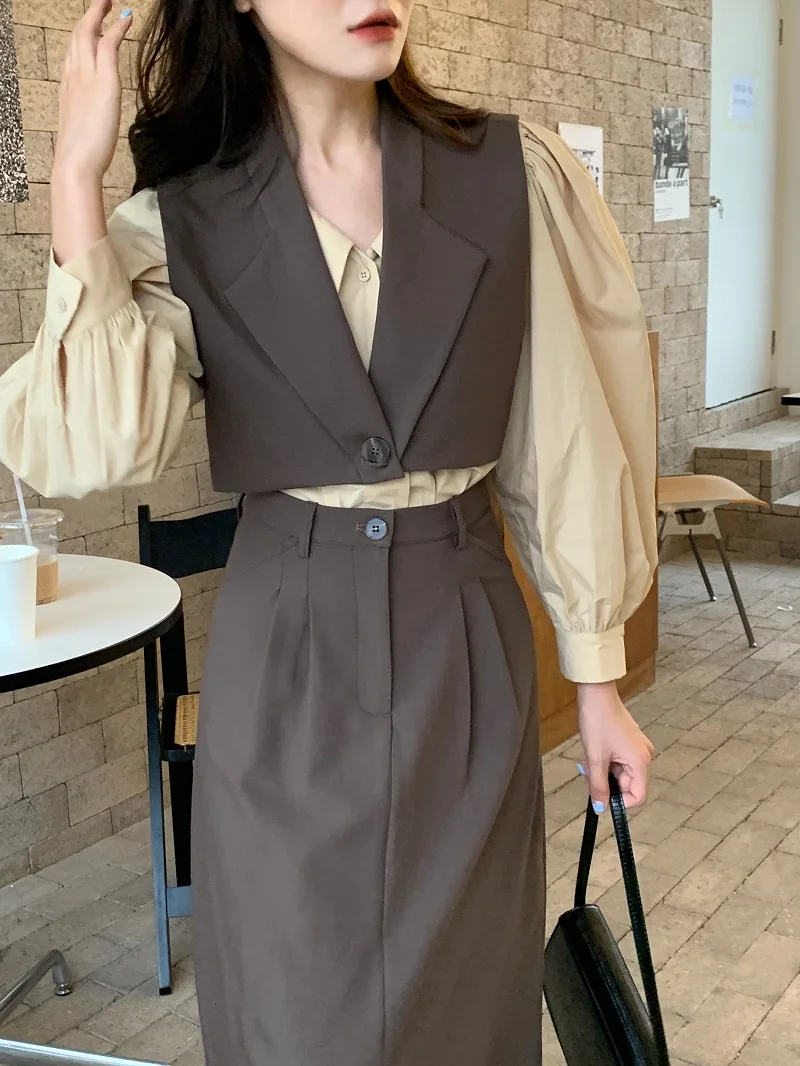 

3 Piece Suit Vest Half Skirts Mid-Calf Temperament Fashion Design Lapel Hubble-Bubble Sleeve Shirt Accept Waist Korean Women