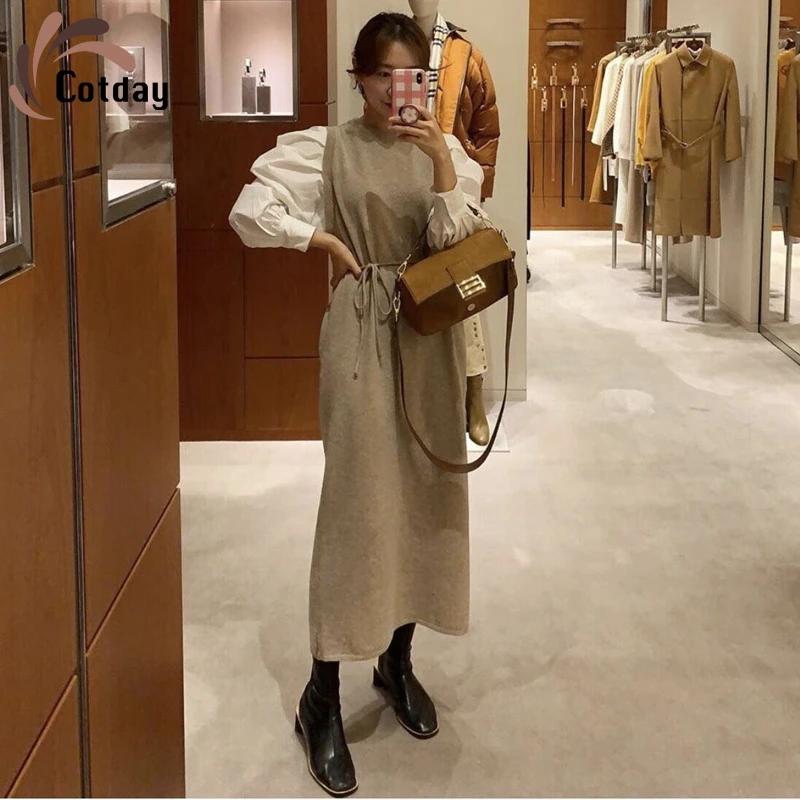 Cotday вязаный стеганое Стройное платье с рукавами и круглым вырезом в стиле