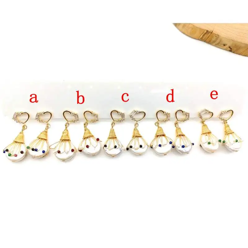 

Trendy Natural Freshwater Pearl earrings Wire Wrapped earrings With multi Gem-stone Decorative paved colorful stones Charms
