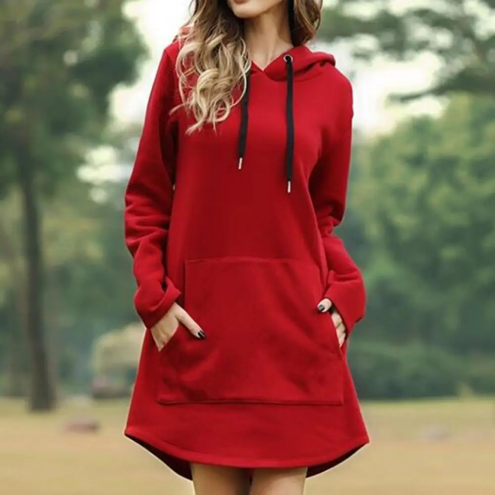 

Длинная толстовка однотонное осенне-зимнее платье с большим карманом и асимметричным подолом с капюшоном для повседневной носки