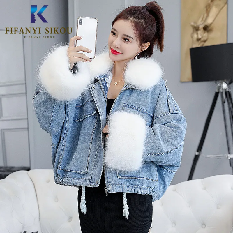 

Winter Women Denim Jacket Faux Fox fur collar Spliced Short Jeans Coat Thick Warm Lining Jeans Jacket Female Loose Outerwear