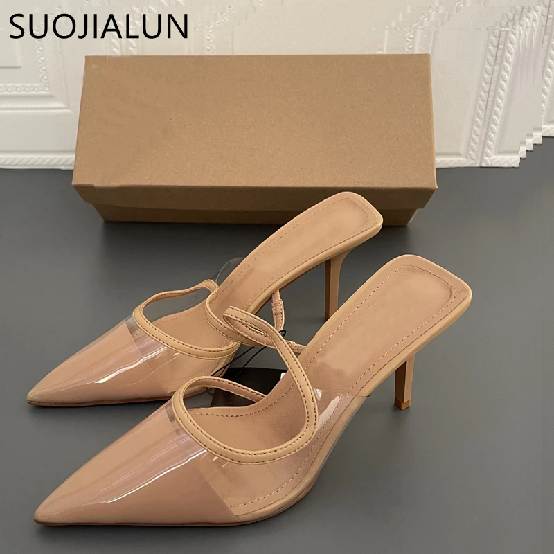 SUOJIALUN Fashion Brand Women Slipper Thin High Heel Ladies Sandal Shoes Pointed Toe Shallow Slip On Mules Outdoor Slides Mujer