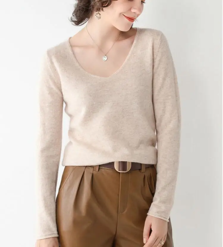 Женский пуловер из 100% натуральной шерсти свитер с V образным вырезом и длинным