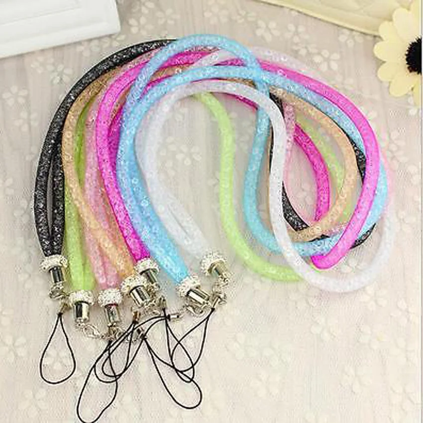 

New Rhinestone Crystal Lanyard Mesh Necklace ID Badge Strap Mobile Phone Antitheft Holder Keychain Hanging Rope For Cellphones