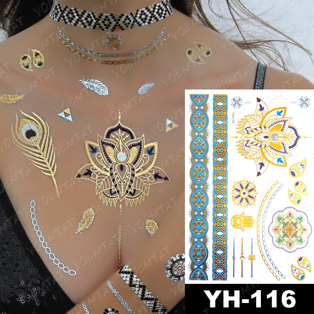 Фото Водонепроницаемый временная татуировка Стикеры лотоса серьги Henna Mandala Перья Золотой металлический флэш-тату в богемном стиле с цветочным принтом блестящие украшения для боди-арта №2