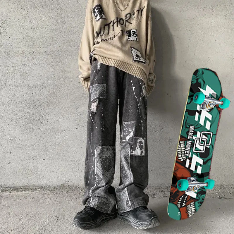 

2021 men's and women's loose jeans stitched wide leg pants Hip Hop Pants skateboarding pants Y2K jeans pattern high waist jeans