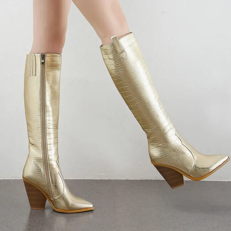 

2020 Western Cowboy Knee High Boots Faux Leather Women Boots Fashion Wedges High Heels Long Boots Autumn Winter Zipper Shoes