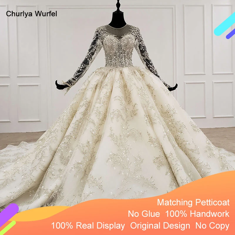 HTL1096 роскошное свадебное платье с бусинами длинным рукавом иллюзионное круглым