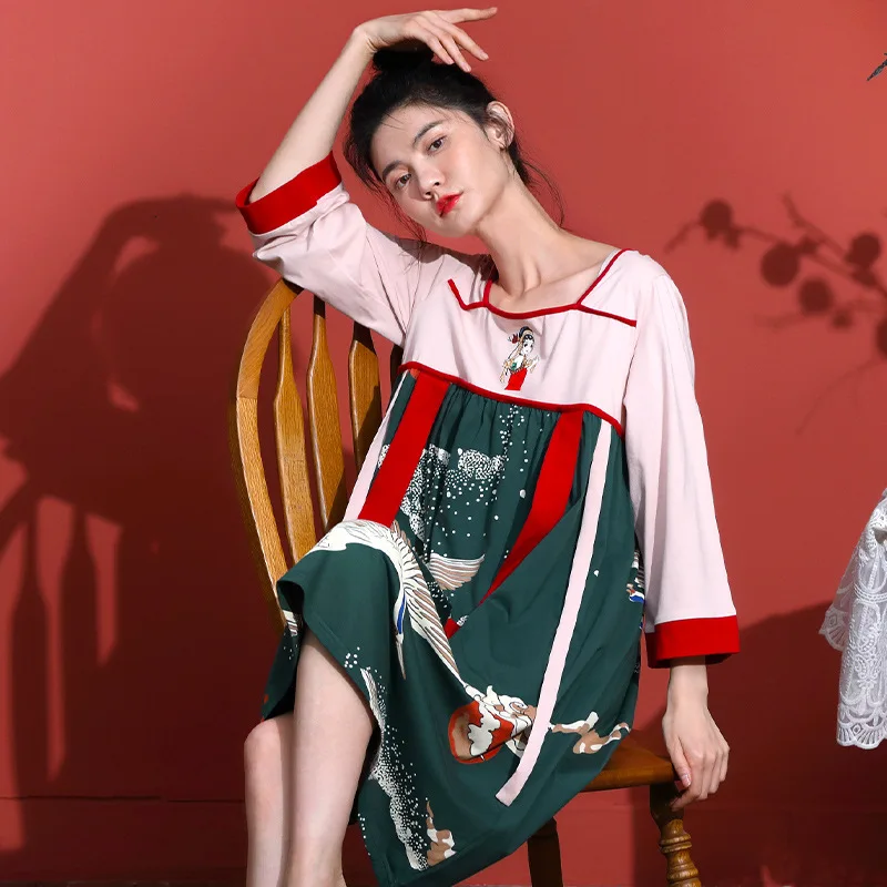 

Classic Printed Nightdress for Women, Nine-sleeve Skirt, Pure Cotton, National Tide, Retro Style Loose Pajamas, Cotton Home Wear