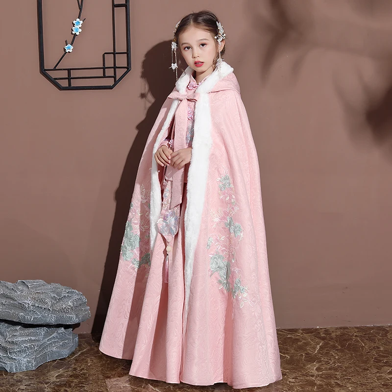 Розовая накидка Hanfu для девочек зимняя новая Длинная с вышивкой китайская