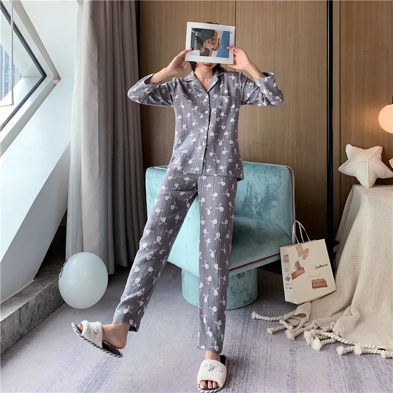 Пижама женская из чистого хлопка с длинным рукавом на осень и зиму | Женская