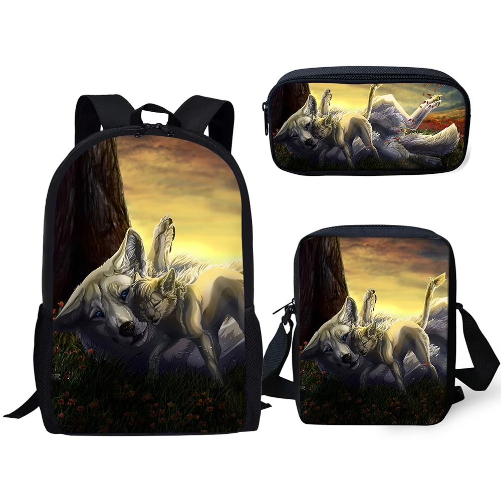 HaoYun Fashion Kids Backpack 3PC Set Fantasy Moon Wolf School Book Bag Kawaii Animal Students Backpack/Flaps Bags/Pen Bas