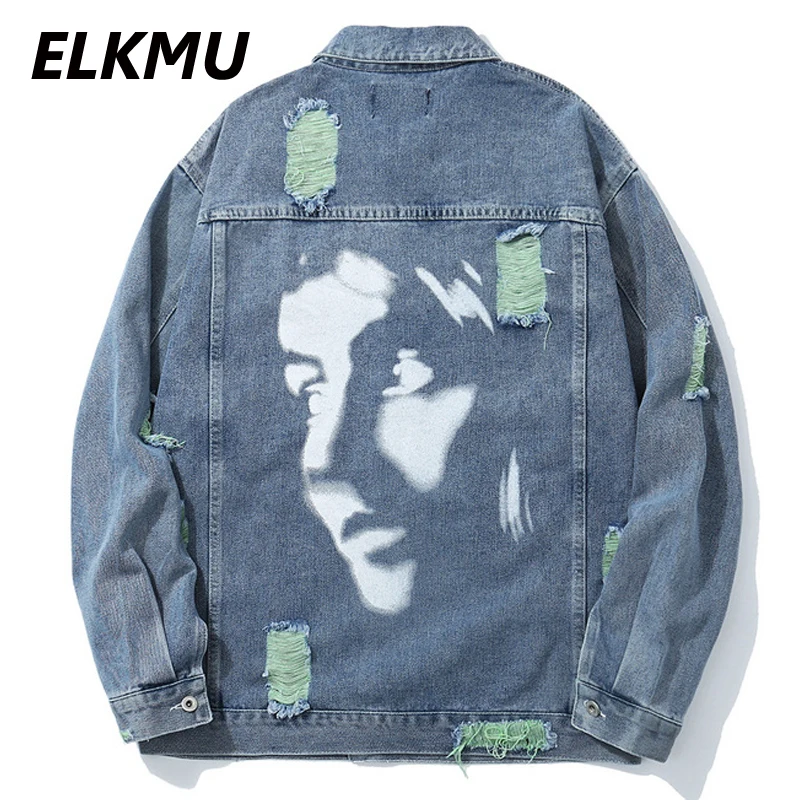

Джинсовая куртка ELKMU мужская оверсайз, рваная уличная одежда из денима, пальто в стиле Харадзюку, верхняя одежда в стиле оверсайз, HM705, на осе...
