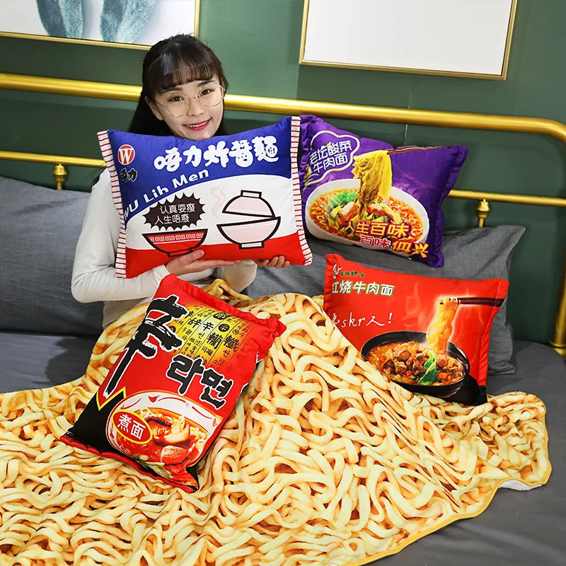 Kawaii Blanket Simulation Instant Noodles Plush Pillow with Blanket Stuffed Beef Fried Noodles Gifts Plush Pillow Food Plush Toy