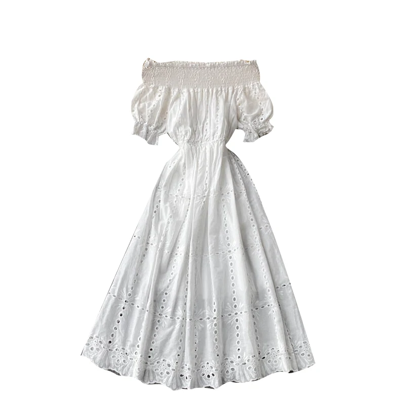 

Summer New Fashion Temperament Vestidos Female Sweet Wood Ear Side Neck Strapless Puff Sleeve Slim Hollow Midi Dress GK714