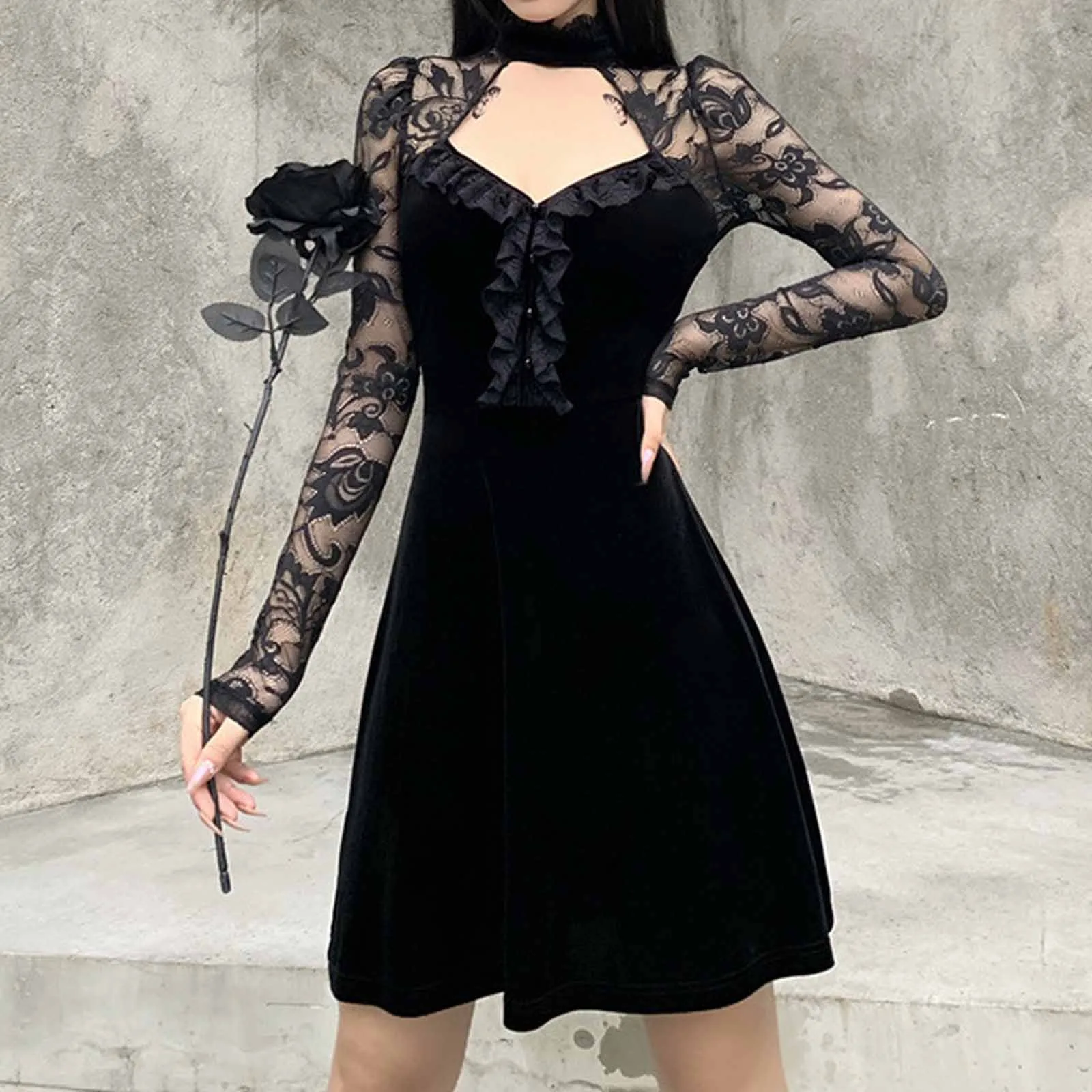 

Woman Dresses Sexy Vintage Black Corset For Women Party Women Gothic Dress Long Sleeve Hollow Out Lace V-neck Evening Dress