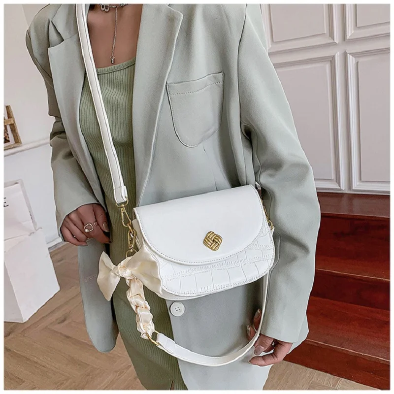 

2021 New Arrivals Women's PU Leather Shoulder Bags Covered Design High Quality Fashion Simple Silk Scarf Decoration Saddle Bag