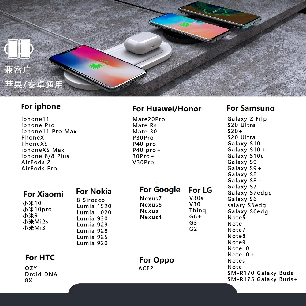 

2 in 1 Smartphones Fast Charging for Xiaomi Huawei Samsung Iphone 20w Wireless Charger Pad Station for Airpods