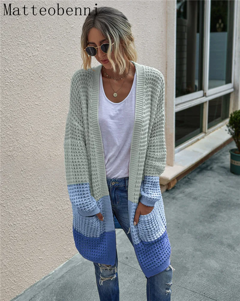 Fashion Cardigans Autumn Winter Womens Sweaters 2020 Knitting Sweater Long Cardigan Color Contrast Coat Female Knitted |