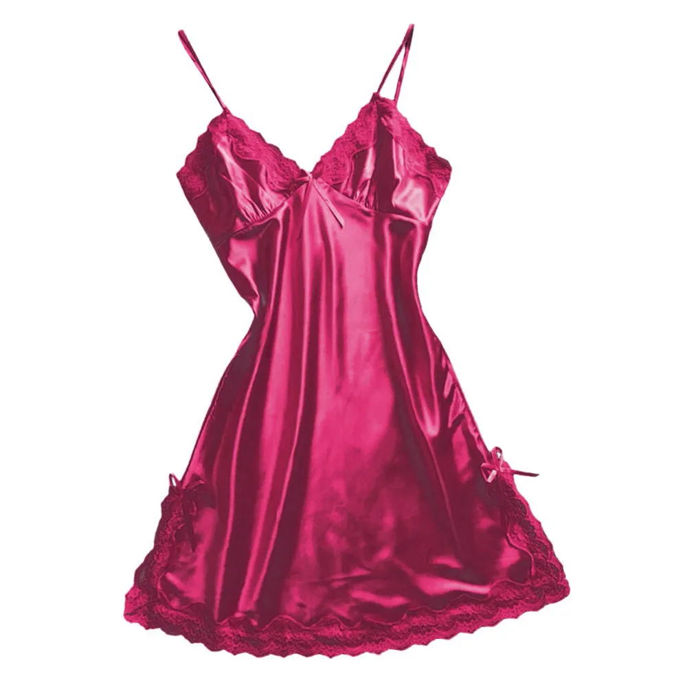 Hot Pink Сексуальная ночная рубашка для женщин атласное нижнее белье с бантами Babydoll с v-образным вырезом ночное белье женское кружевное нижнее белье Koszula Nocna langery горячая эротическая одежда - Цвет: Hot Pink