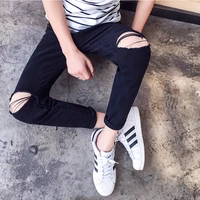 2022 wholesale teenagers street mens ankle length jeans boy ripped holes slim feet summer youth pants trendy pencil pants