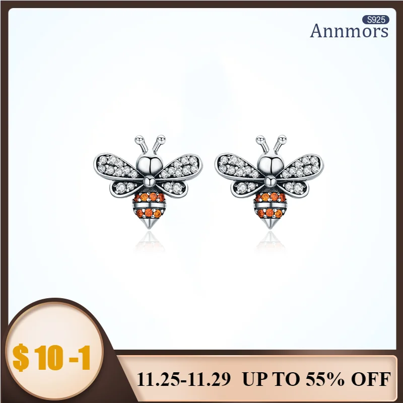

Bee Amber Stud Earrings 925 Sterling Silver Cute Insect Jewelry Earrings Xmas Banquet Clear Zircon Wife Woman Girl Jewelry Gifts