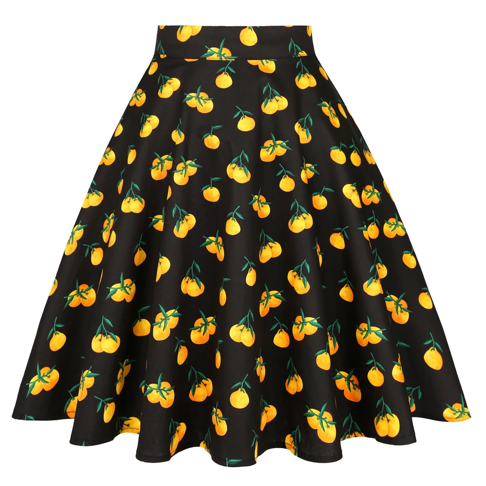 

Cotton A Line Vintage Skirts Womens High Waist Knee-Length Skater Skirt VD0020 Summer Orange Fruit Print Black Skirt